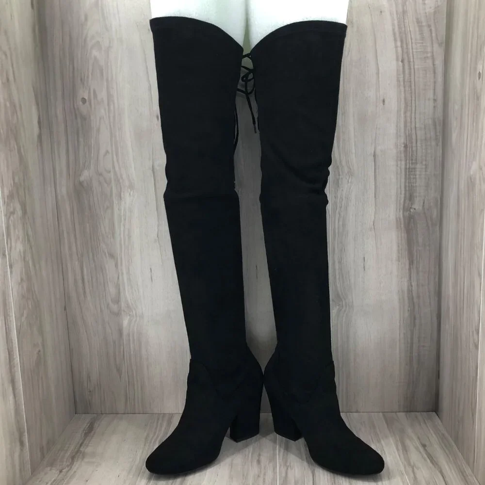 Qupid OTK Boots Womens 7.5 Black Faux Suede Over The Knee Pull On Heeled